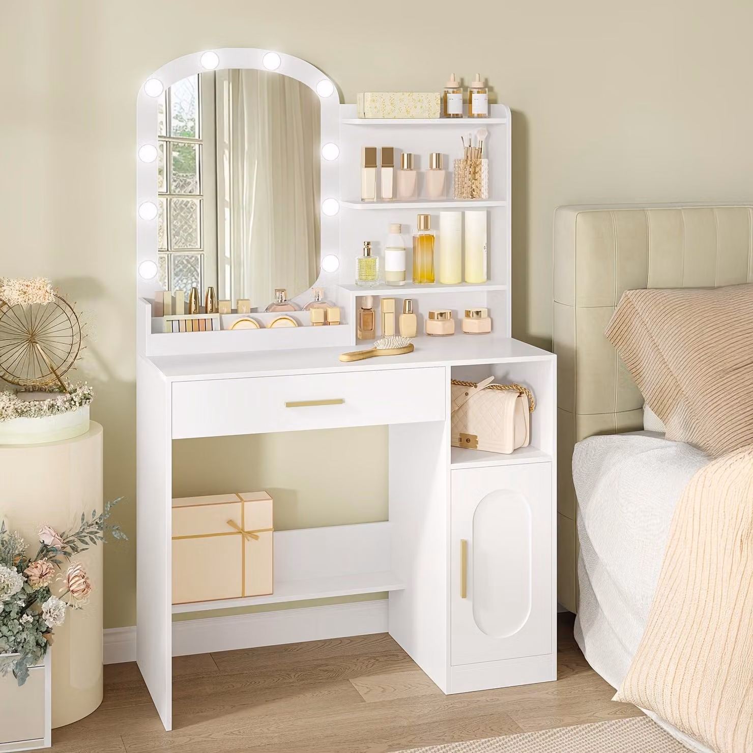 Comò moderno con specchio ovale e illuminazione integrata - Comò da trucco bianco con cassetto