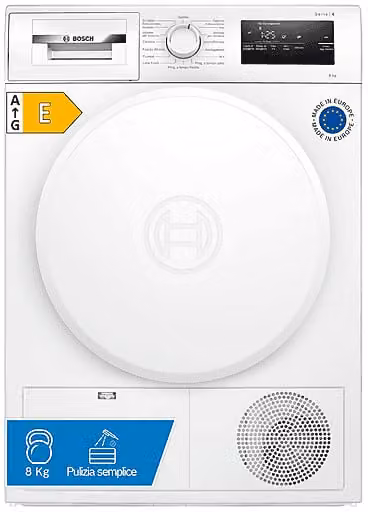 Asciugatrice a pompa di calore Bosch Bianca, Capacità 8 kg, Classe E, Profondità: 65,1 cm
