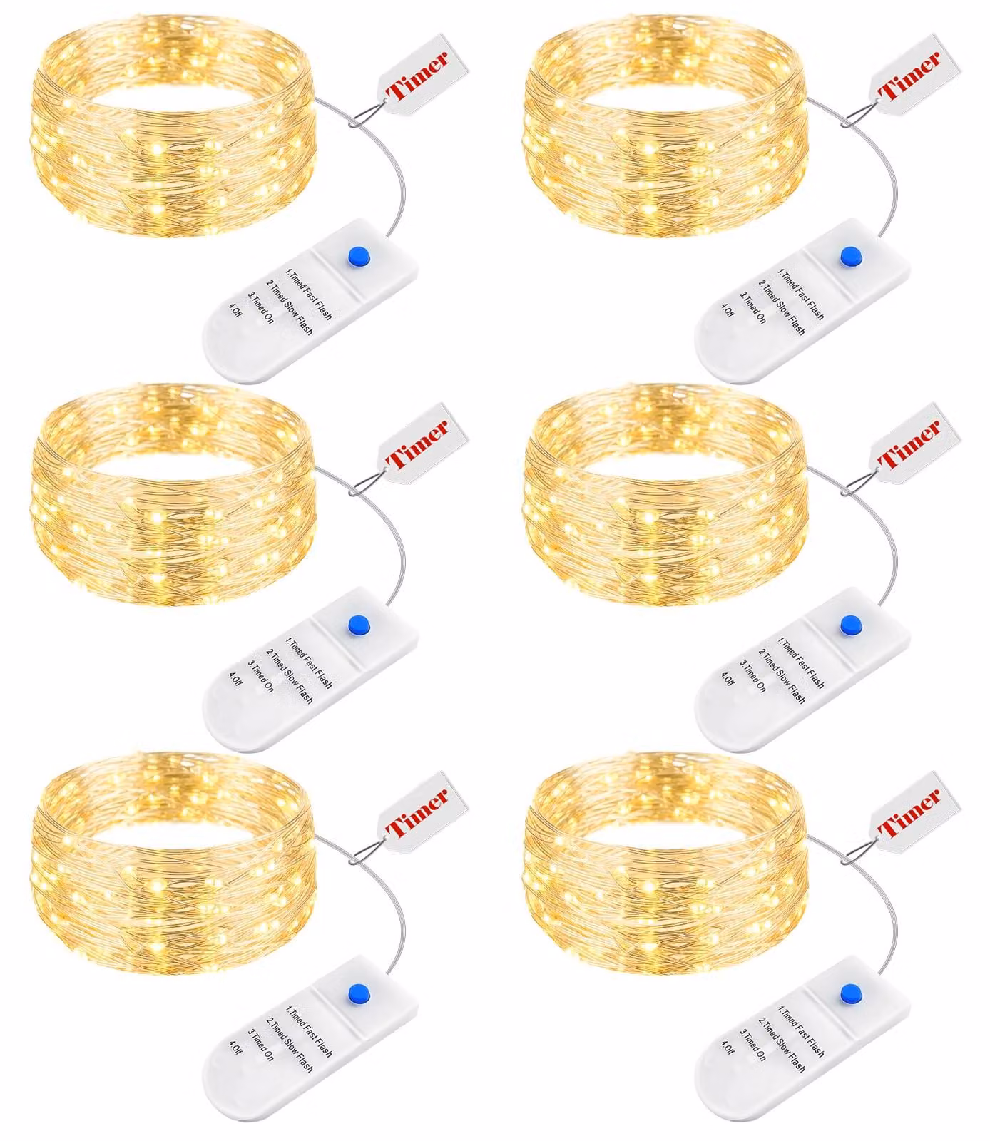 Set di 6 catene luminose LED, lunghezza 2 metri, con timer, 3 modalità, luce bianco caldo