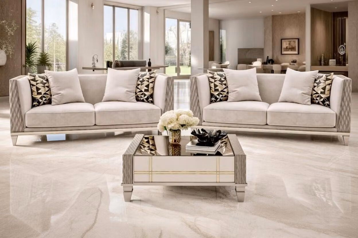 Set moderno per soggiorno: due divani, tavolino, colore beige, stile lussuoso