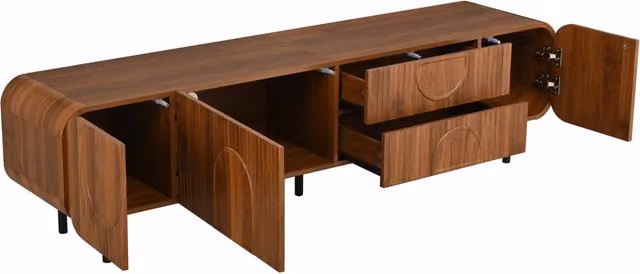 Mobile TV in stile Mid-Century con 3 ante, 2 cassetti, finitura noce e gambe in metallo, 180x40x47,5 cm