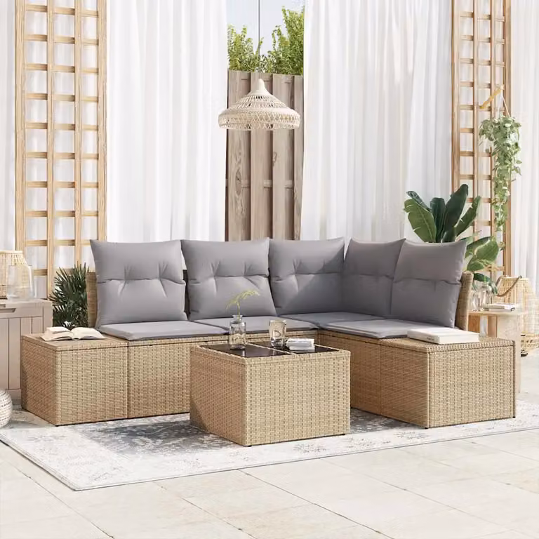 Set Divano da Giardino a L vidaXL 5 Pezzi Beige con Cuscini e Tavolino in Polyrattan e Acciaio