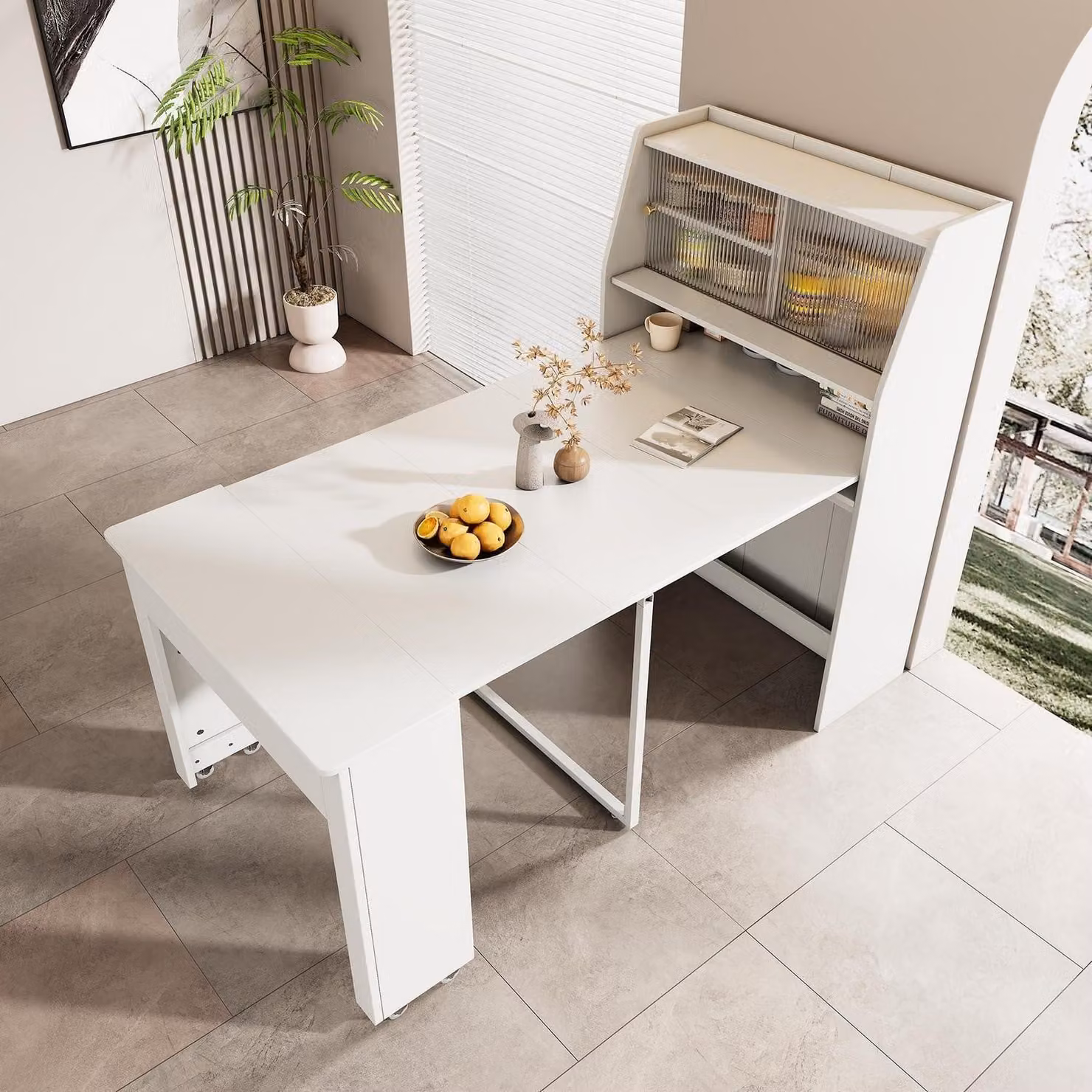 Tavolo da pranzo estendibile con vano portaoggetti, bianco