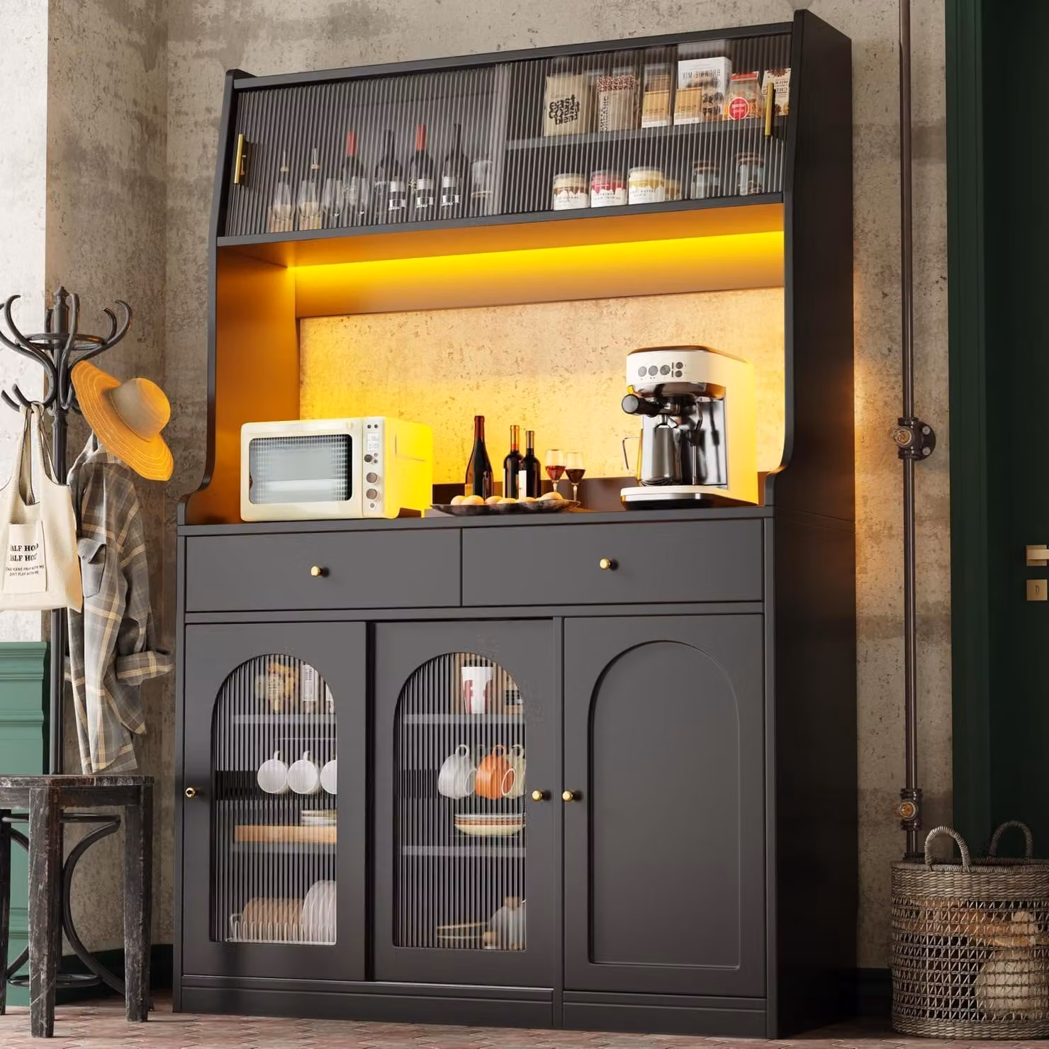 Mobiletti da cucina con illuminazione a LED, dimensioni 120x40x180 cm, colore nero