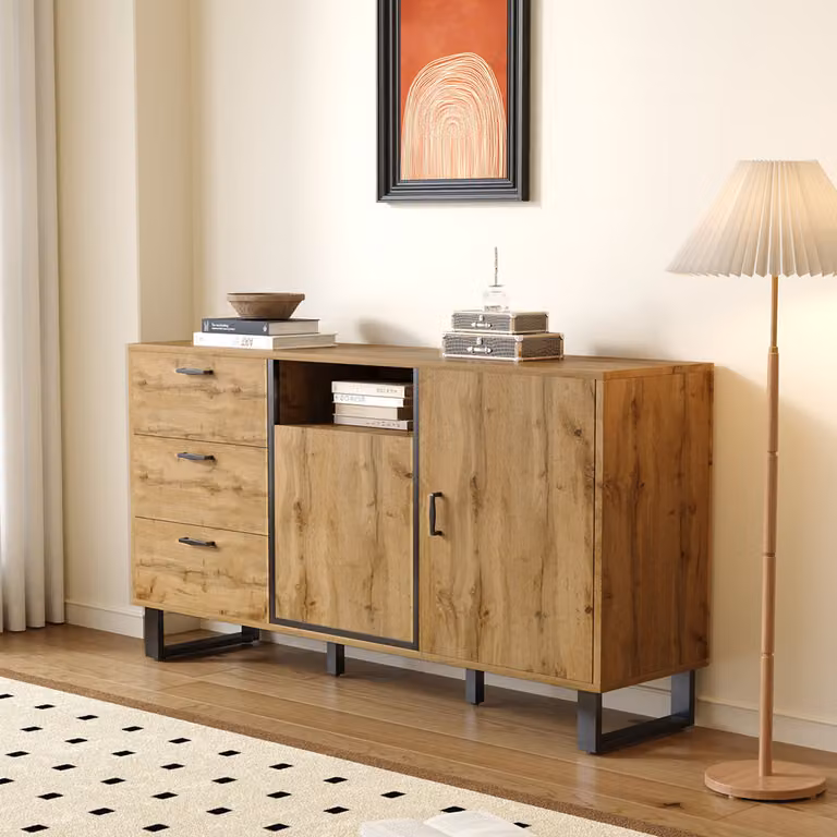 Credenza AIORBER, con 3 cassetti, 2 ante, 1 vano a giorno, molto spazio, design bicolore, per sala da pranzo, soggiorno, 150x38x76,5cm