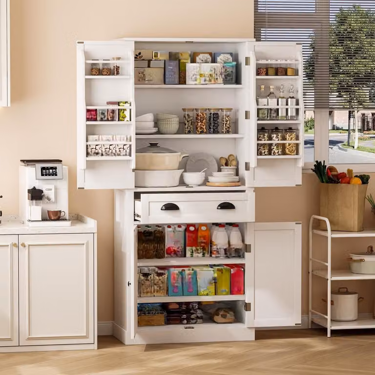 Armadio da cucina, mobile alto, bianco, 4 ante, 1 cassetto, 80x40x182 cm