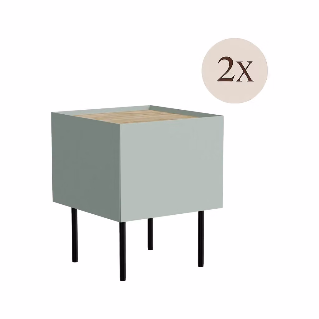 Set di 2 comodini Preci DMORA con cassetto e vano interno, finitura effetto liscio, L 40 cm x P 41 cm x H 60 cm, Verde e Rovere – 2