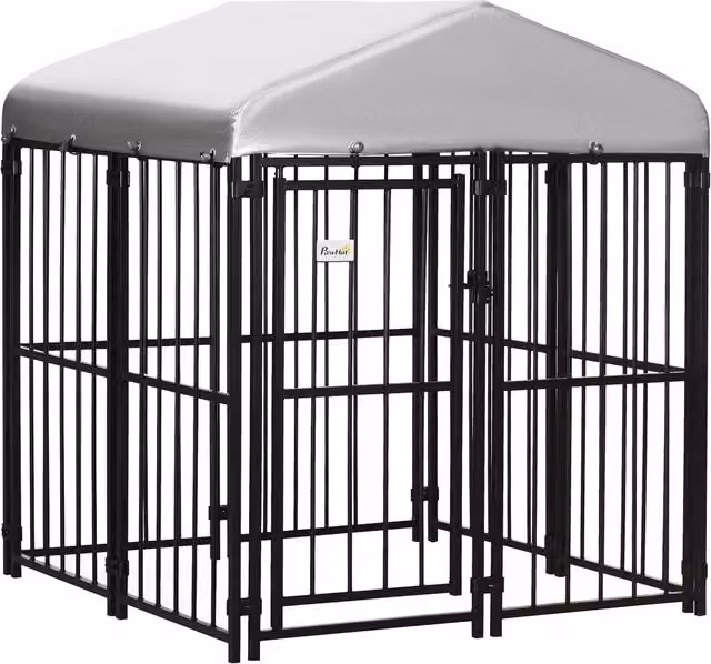 Recinto per cani di piccola e media taglia GIORDANOSHOP con tettuccio in metallo nero, argento e grigio, L/P/H: 122 x 122 x 138 cm – 1
