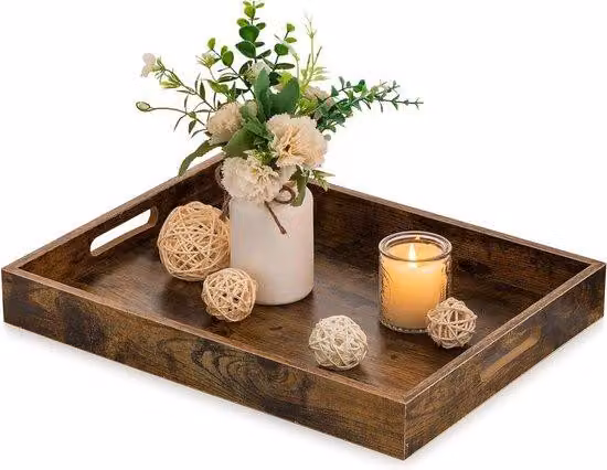 Vassoio rustico in legno marrone con manici - vassoio decorativo rettangolare per pouf da salotto - vassoio decorativo per cucina e soggiorno, quadrato, 70x70 cm