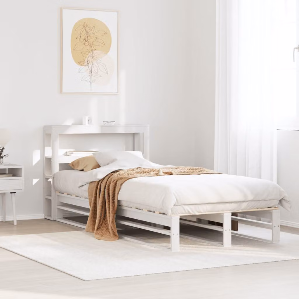 Letto singolo vidaXL in legno massello di pino bianco con ripiani laterali L 75 x P 190 cm