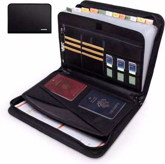 Borsa porta documenti A4 con 12 compartimenti, impermeabile e resistente al fuoco, chiusura con zip, colore nero