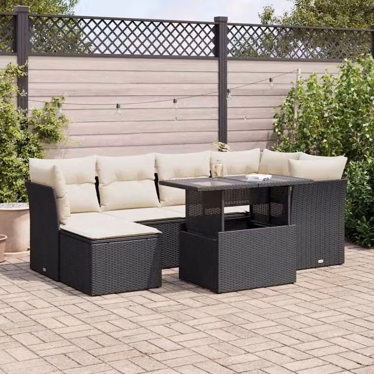 Set di divani da giardino vidaXL in polyrattan nero con 7 cuscini e design moderno