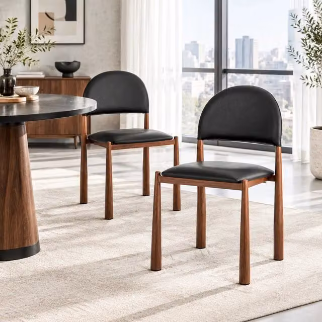 Set 2 Sedie da Pranzo Moderne con Schienale Curvo, Rivestimento in PU e Struttura in Metallo, Altezza 80 cm, Colore Nero