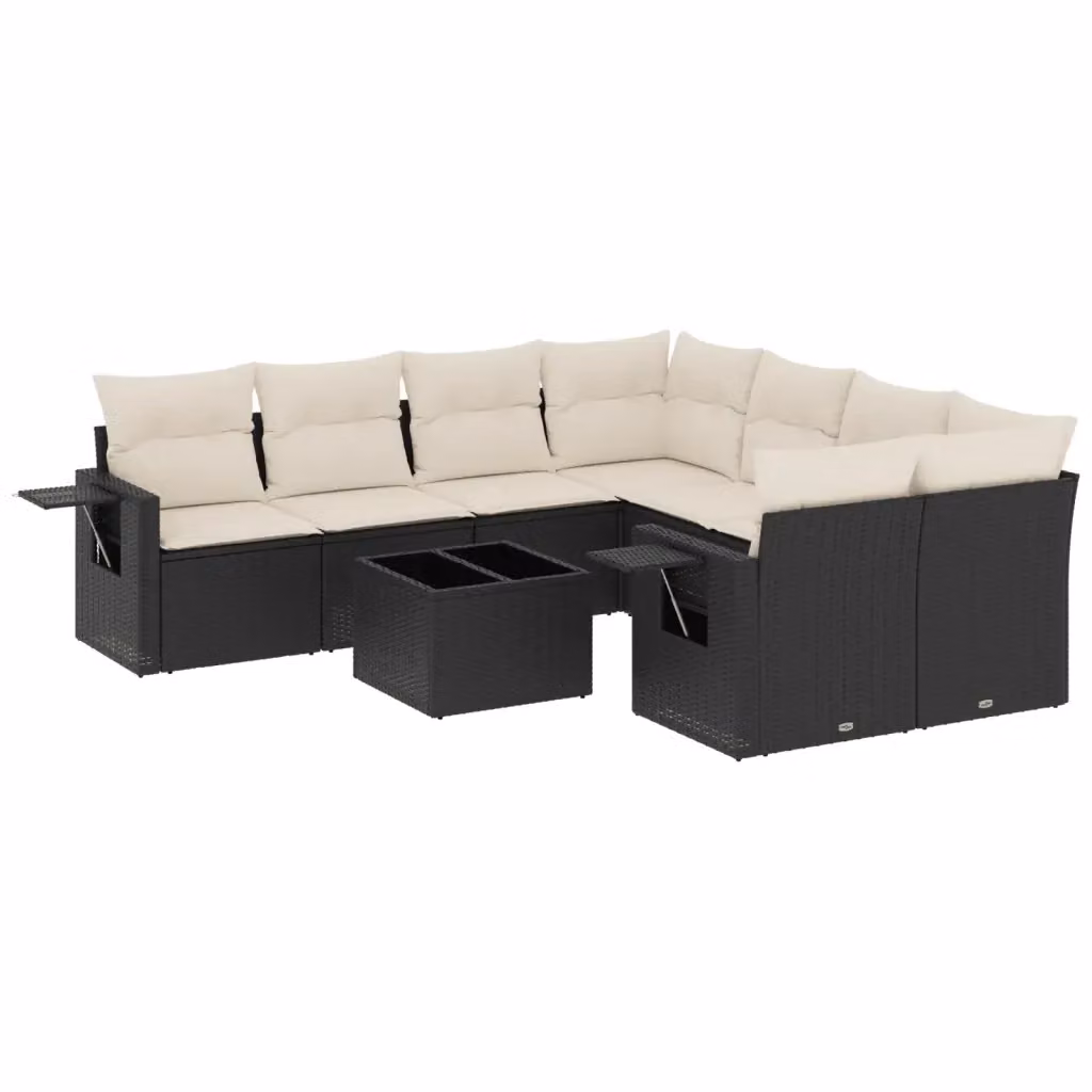 vidaXL Set Divani da Giardino a L 9 pz in Polyrattan Nero con Cuscini e Tavolino – 2
