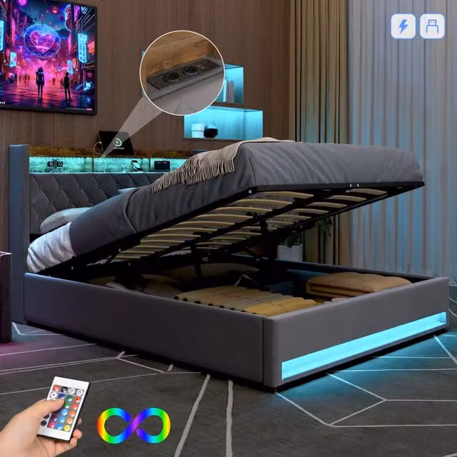 Desviae Letto imbottito 180 × 200 cm con porta USB, 2 prese e luci LED, rivestito in velluto, struttura in metallo grigio