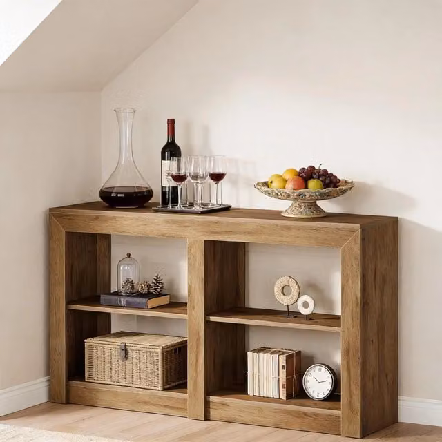 Consolle a tre livelli con ripiano inferiore a quattro vani in MDF marrone per ingresso e soggiorno 150 × 35 × 85 cm