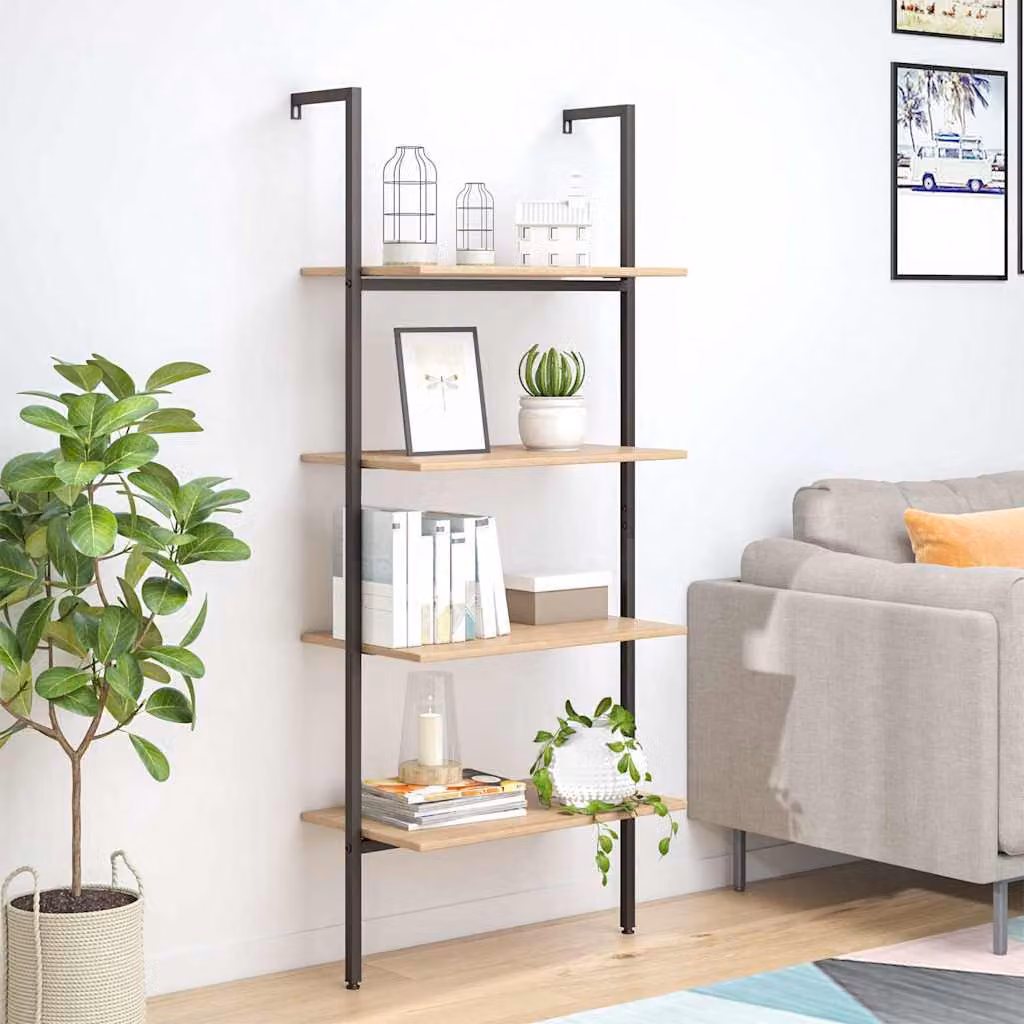 Scaffale a scala vidaXL in stile industriale con 4 livelli, Marrone Chiaro e Nero, L 64 cm x P 35 cm x H 152,5 cm