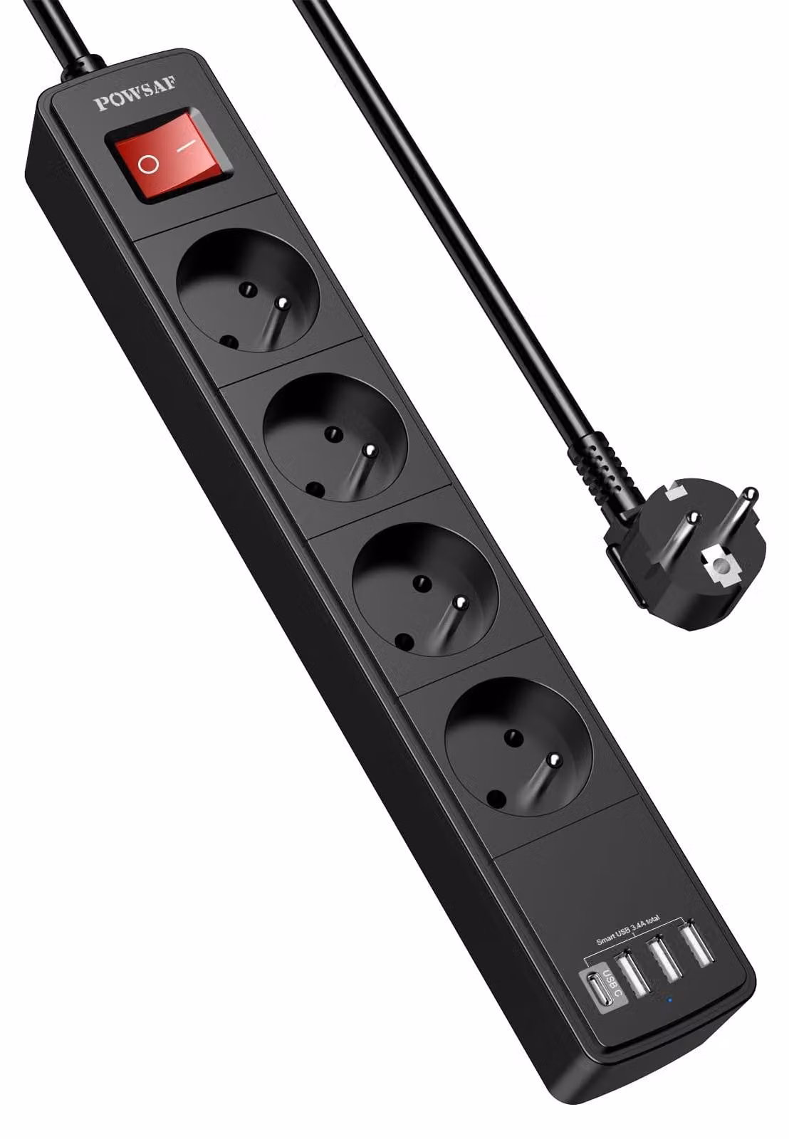 POWSAF, ciabatta multipresa 8-in-1, con 4 prese di corrente e 4 porte USB, modello 3680