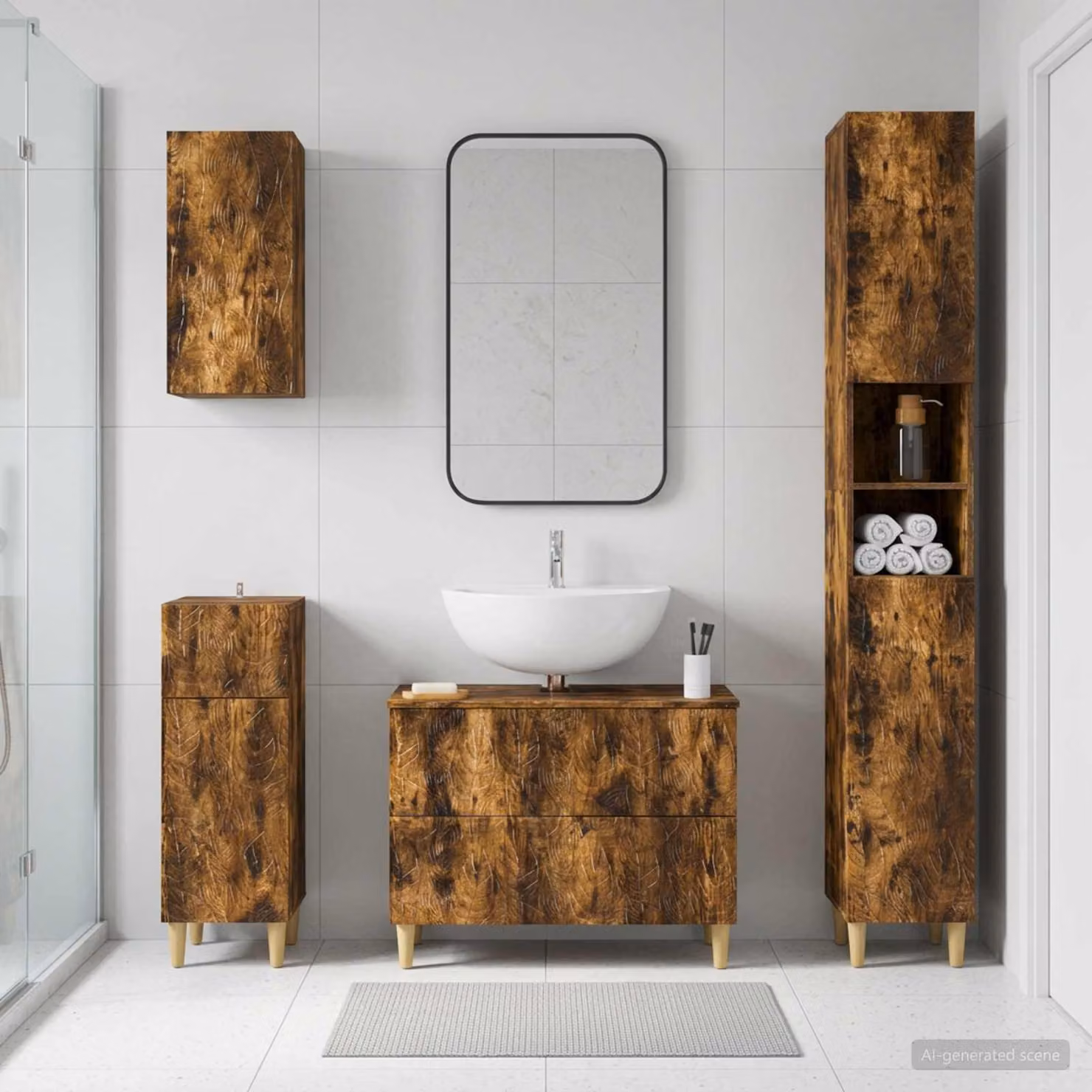 Set di mobili da bagno moderno vidaXL DELFT in legno rovere fumo marrone composto da 4 pezzi con mobile lavabo e pensile a muro