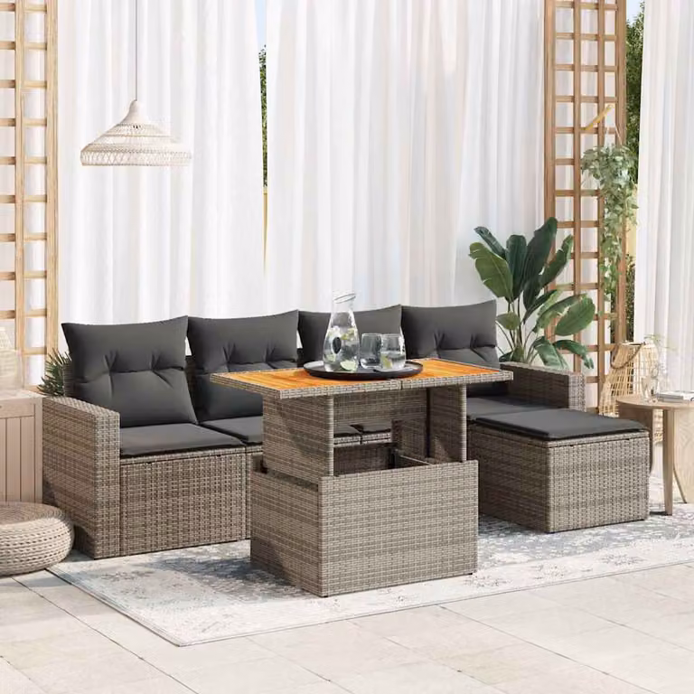 Set Divano da Giardino vidaXL 6 pz in Polyrattan Grigio con Cuscini e Tavolino da Esterno a Forma di L