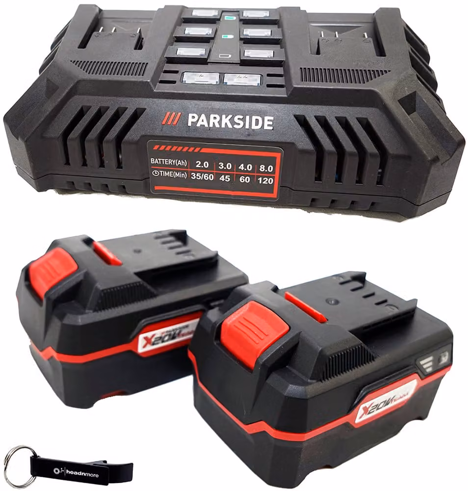 PARKSIDE® Caricabatterie doppio da 20 V, modello PDSLG 20, incluso 2 batterie (4 Ah), metro da 1 metro HEADNMORE®, matita da carpentiere e apribottiglie da attaccare alle chiavi