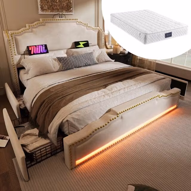 Letto matrimoniale ULEVR 160x200 cm con 4 cassetti, LED, USB e Type-C, velluto beige con materasso incluso