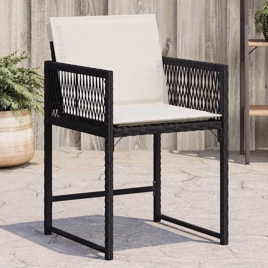 Set di 4 sedie da giardino vidaXL in polyrattan nere con cuscini in tessuto resistente ai raggi UV e braccioli
