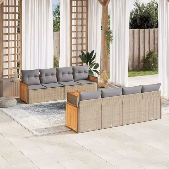 vidaXL Set Divano da Giardino 9 pz in Polyrattan con Cuscini Beige e Grigio e Tavolino da Caffè – 1