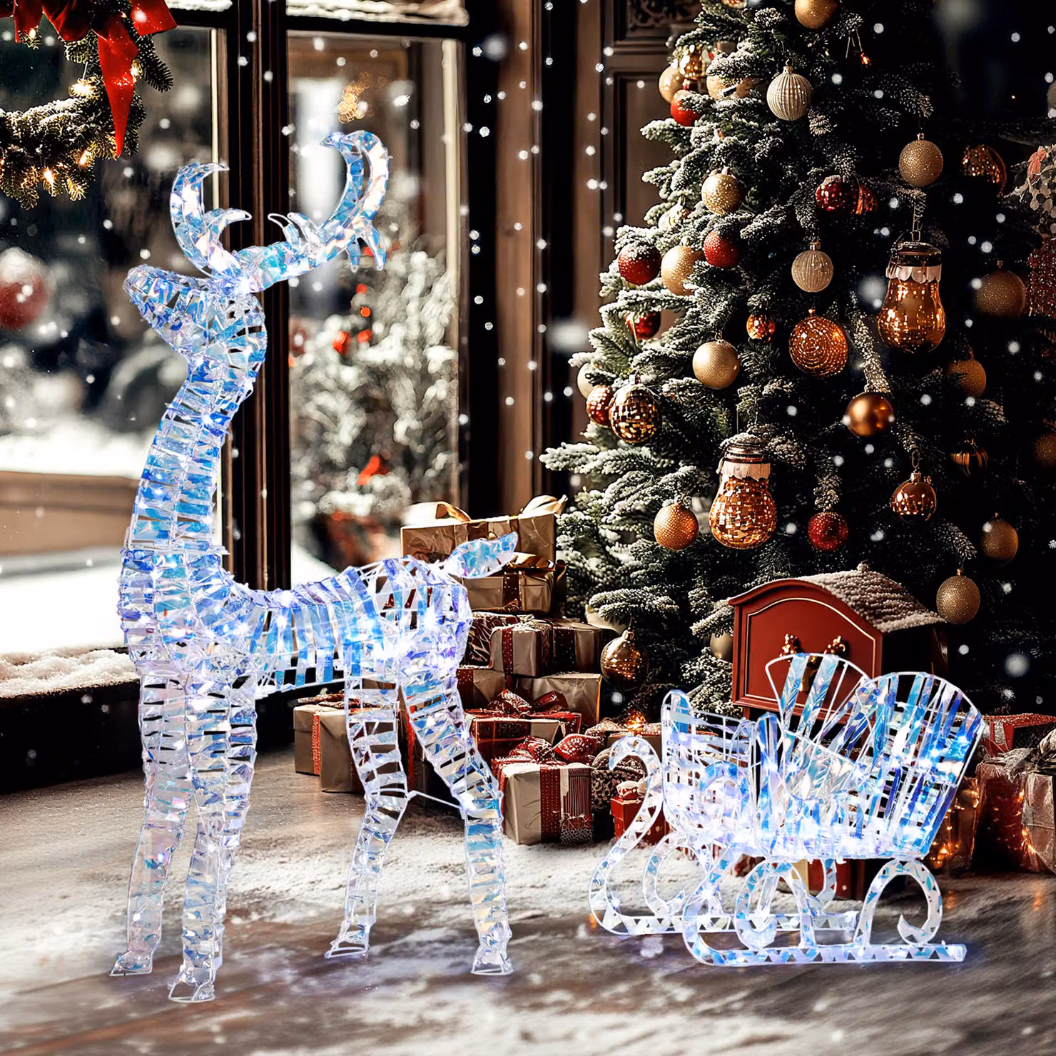 Decorazione natalizia Outsunny con renna e slitta luminosa, 170 LED bianco caldo, argento, H x L x P: 115 x 60 x 29 cm – 2