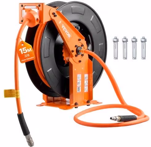 Bobina Pneumatica VEVOR per Tubo Aria Compressa Ibrido Arancione con Riavvolgimento Automatico, Braccio Doppio in Acciaio Inox, Lunghezza: 15 m, Diametro: 9,5 mm, Massimo 300 PSI