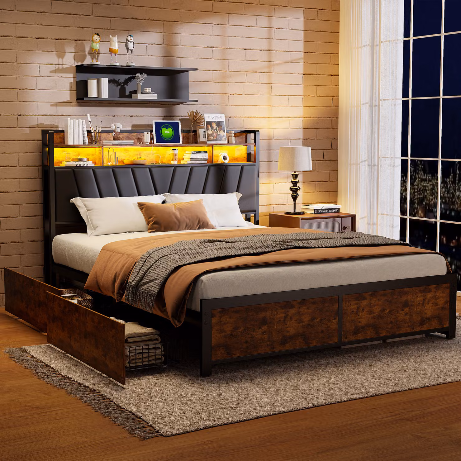 CDGlobal letto imbottito 160x200cm con USB e prese, letto per ragazzi letto matrimoniale con 4 cassetti, letto contenitore letto in legno massiccio con LED e rete a doghe, lino, nero