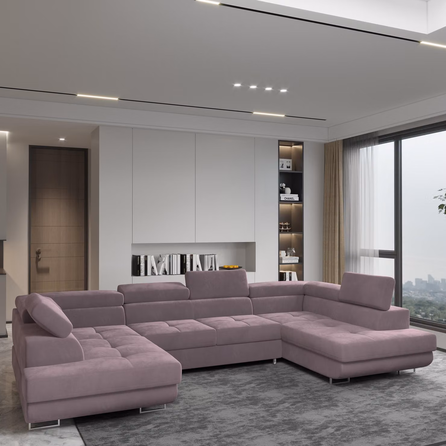 Divano angolare RAGGIO di Masseno con funzione letto a U, divano con box letto, divano da salotto, divano, divano, divano letto, set di divani - viola, MONOLITH 62