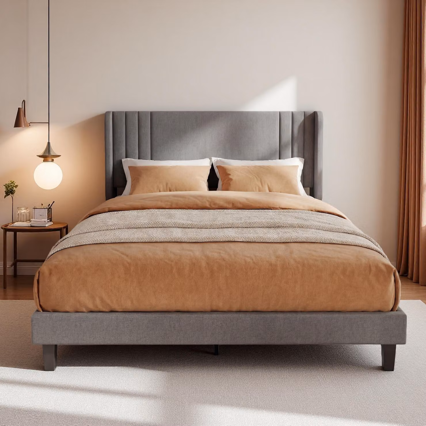 Letto imbottito ProximaX 140x200 cm, letto in tessuto grigio con testiera ad ali, robusta struttura con rete a doghe in legno, vano portaoggetti da 15 cm sotto il letto, silenzioso e stabile, facile da montare per la camera da letto