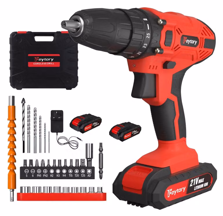 Set trapano avvitatore a batteria - 21 V - 45 Nm - 25+1 livelli di coppia - 2 velocità 0–400/1400 giri/min - mandrino a innesto rapido da 10 mm - 2 batterie al litio da 1,5 Ah