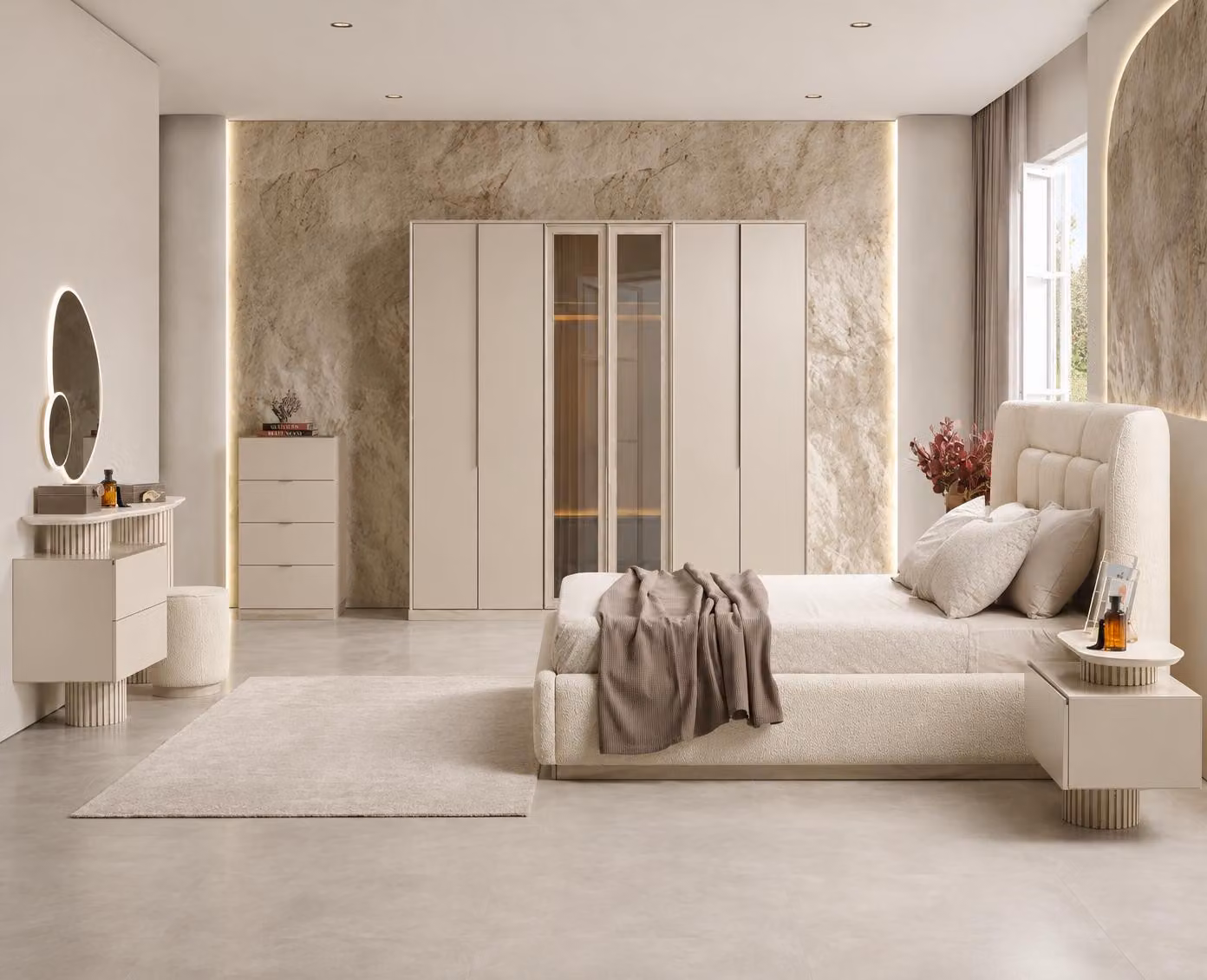 Letto matrimoniale, comodino, armadio, toeletta, cassettiera, beige, nuovo