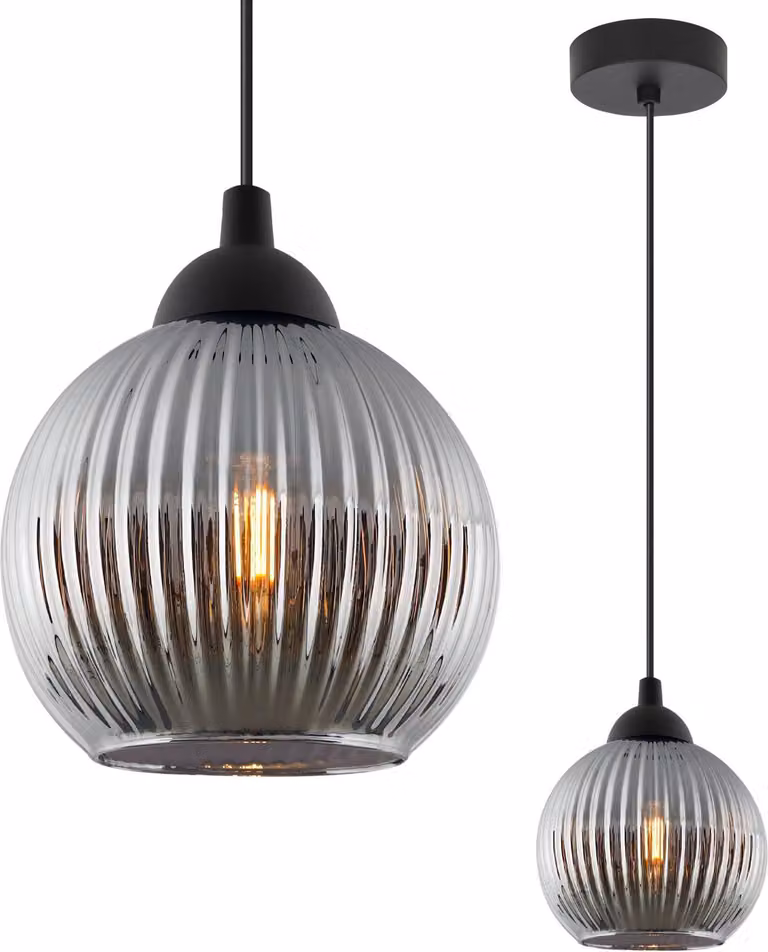 Lampada a sospensione RIFFLE nera a 1 luce, sfera in vetro grigio, attacco E27