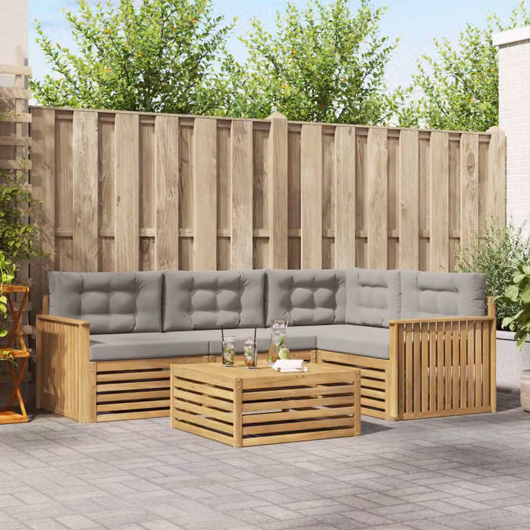 Set di divani da esterno vidaXL a forma di L con tavolo da caffè, in legno di acacia e tessuto, Bianco e Grigio Chiaro