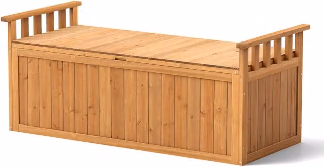 Panca da giardino in legno con contenitore per riporre oggetti, Panca con schienale e braccioli Naturale-Panchine