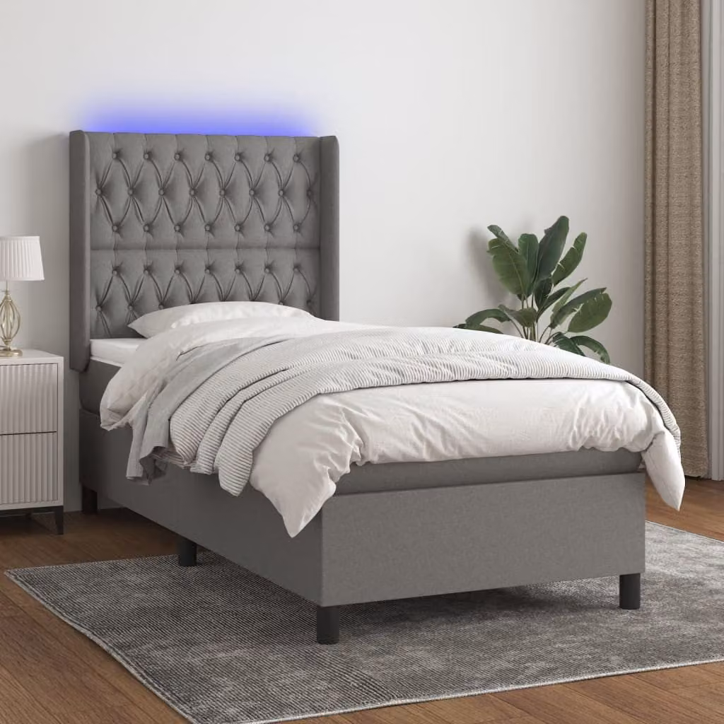 Letto a Molle con Materasso e Illuminazione LED vidaXL in Tessuto Grigio Scuro, L/P/H: 90 x 190 cm – 1