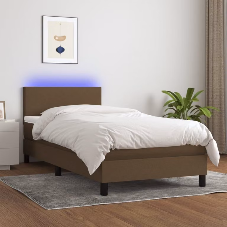 The Living Store Letto a molle con materasso e LED in tessuto marrone scuro 90x200 cm