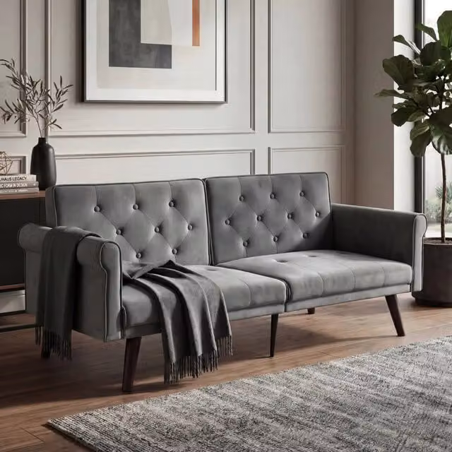 Divano letto Vovees Living a 2 posti in velluto grigio con schienale regolabile e funzione pieghevole, L: 172 cm – 1