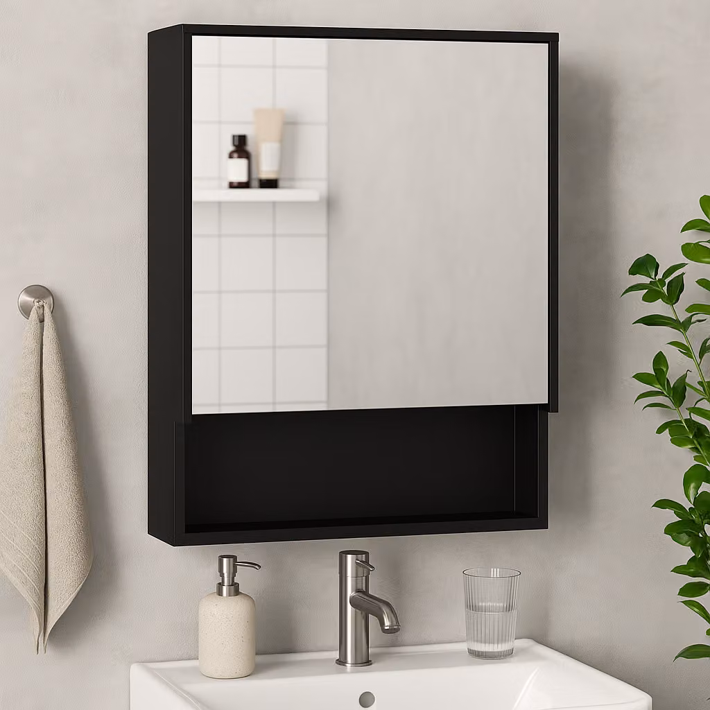 Armadietto a specchio AIORBER, in acciaio inox laccato impermeabile, con 2 ripiani interni, ripiano aperto, mobile sospeso, in vetro, per bagno, 46x13,5x58cm, nero