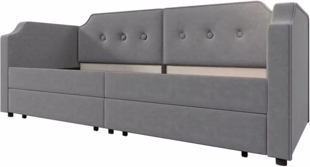 Letto imbottito 90x200 cm con USB Type-C, lampada da lettura e 2 cassetti contenitori, struttura in legno e velluto grigio senza materasso