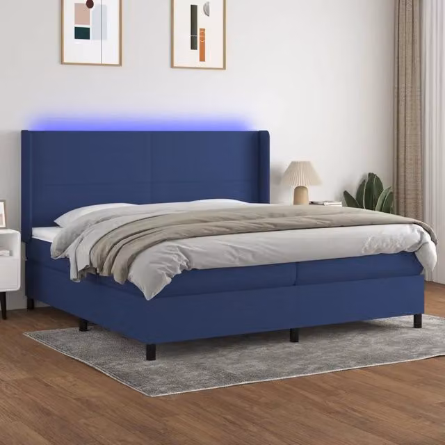 Letto Ibrido vidaXL con Materasso a Molle Insacchettate, Illuminazione LED Blu e Porte USB, Tessuto Bianco e Blu, L/P: 200 x 200 cm