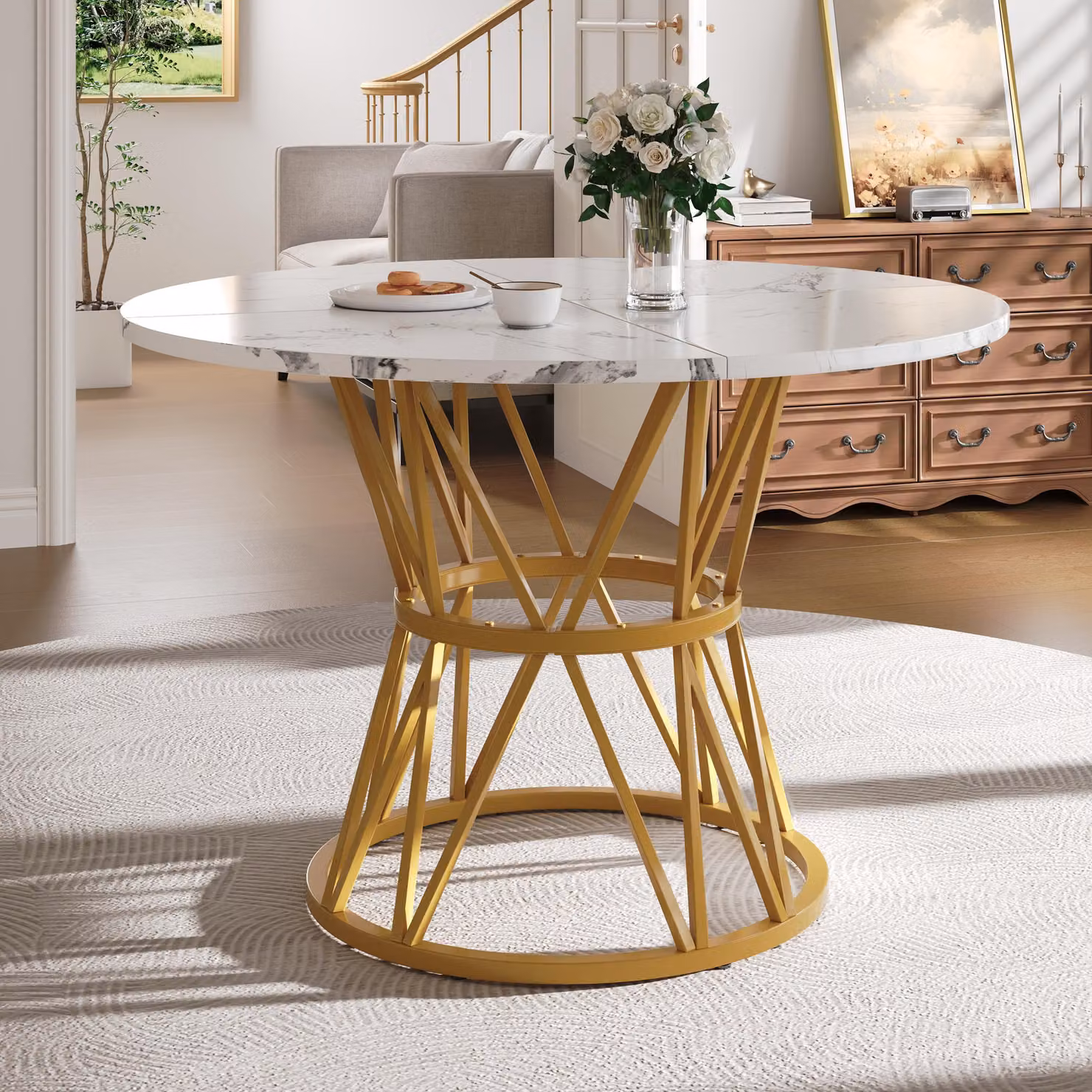 MODFU Tavolo da pranzo rotondo con gambe regolabili, 100×100×76 cm, tavolo da soggiorno con base rinforzata, tavolo per 4 persone, oro