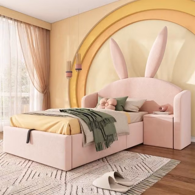 Letto imbottito 90x200 cm rosa per bambini con box contenitore e orecchie da coniglio