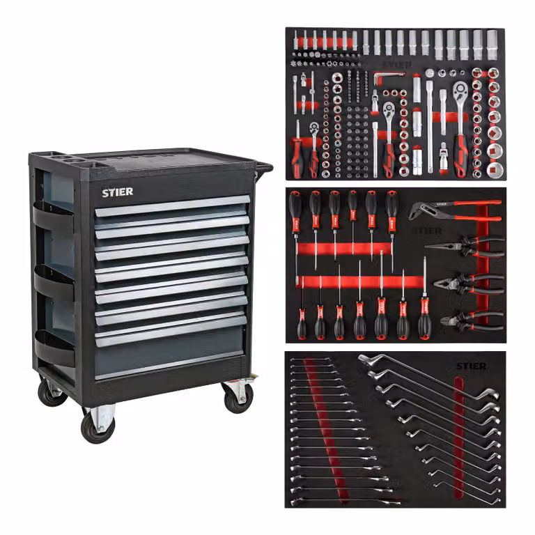 Carrello da officina STIER Premium completamente accessoriato, 223 pezzi, con copertura in plastica, portata 500 kg, utensili in inserti in schiuma morbida (EVA)