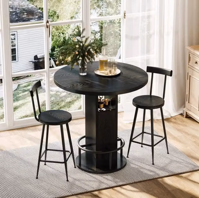 Set tavolo da bar ULEVR 3 pezzi con tavolo rotondo ?80 cm e 2 sgabelli, ripiani integrati, nero