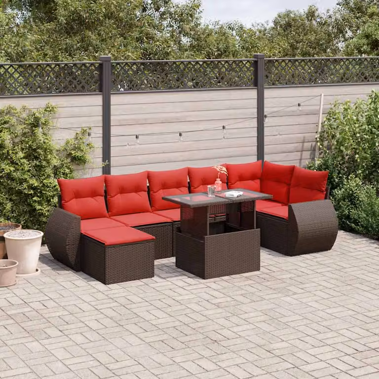 Set Divani da Giardino vidaXL 8 pz in Polyrattan Marrone con Cuscini e Tavolino per Terrazza e Balcone