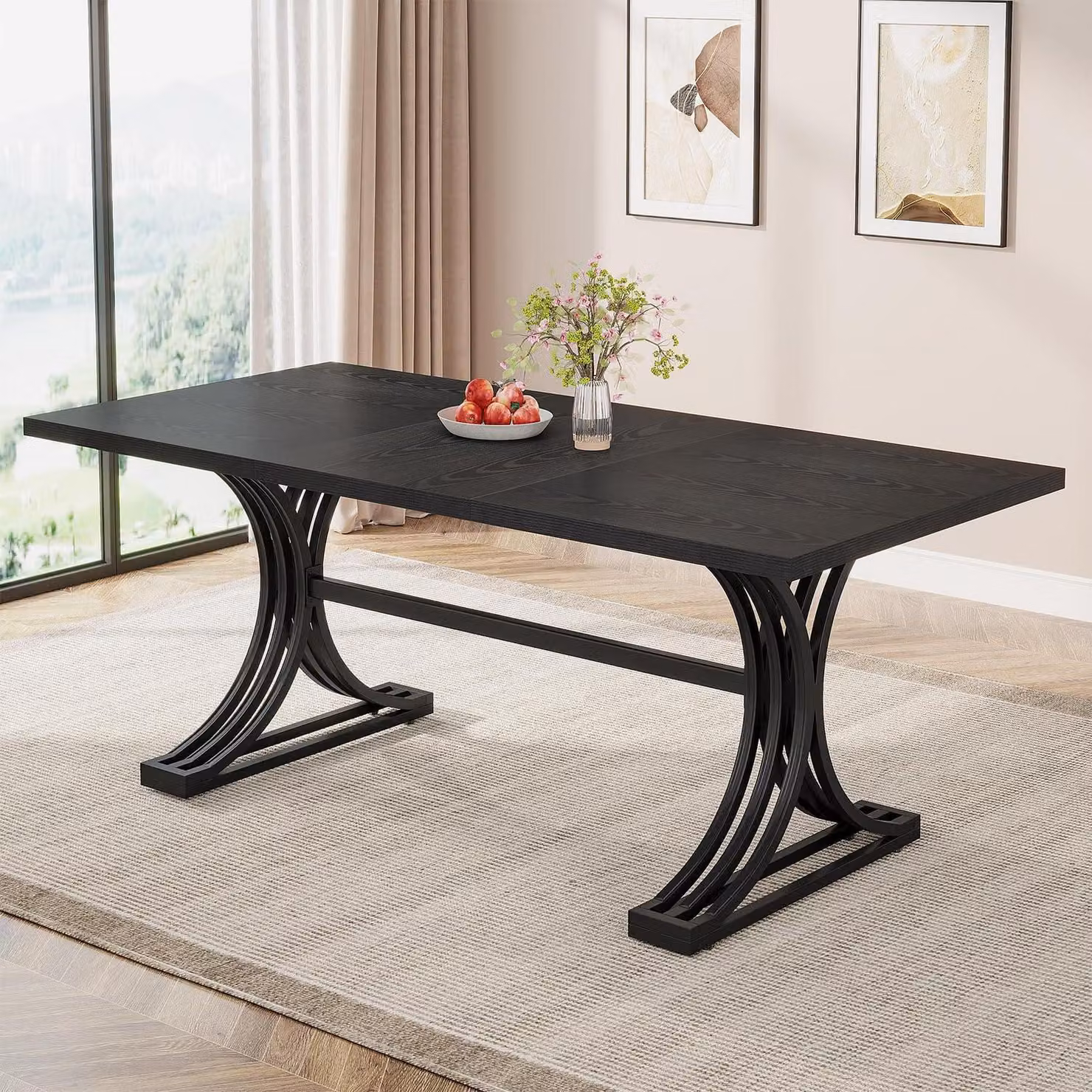 Tavolo da pranzo moderno, dimensioni 160 x 80 cm, colore nero, adatto per 4-6 persone, struttura in metallo, piano liscio